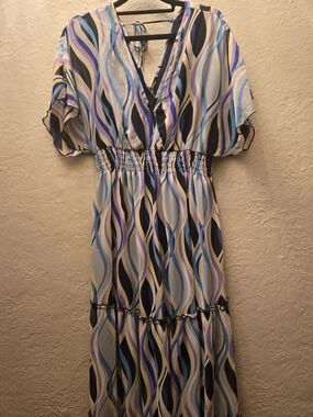 Kate & Lily Boho Maxi Dress Blue Purple Abstract Smocked Waist